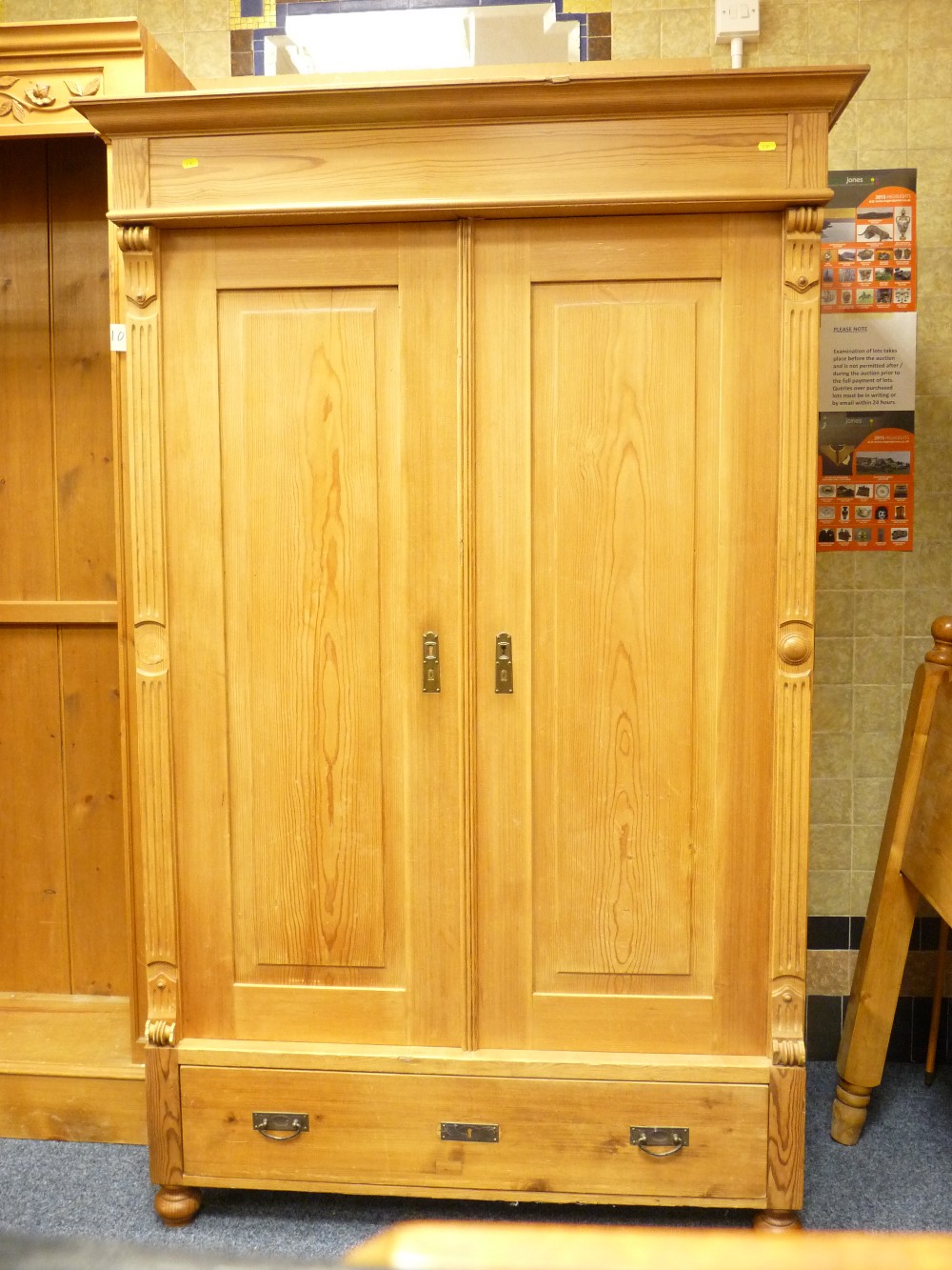 ANTIQUE PINE TWO DOOR WARDROBE, 187cms height, 120cms width, 70cms depth and two non-matching bed