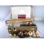 VINTAGE SUITCASE AND CONTENTS including a pair of antique wooden Crown Green bowls with jack in a