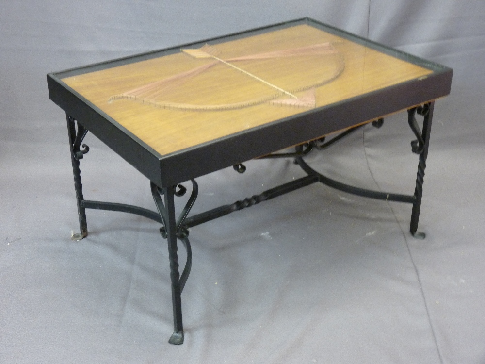 METAL BASED COFFEE TABLE WITH SAGITTARIUS BOW INSERT, 48cms height, 82cms width, 56cms depth