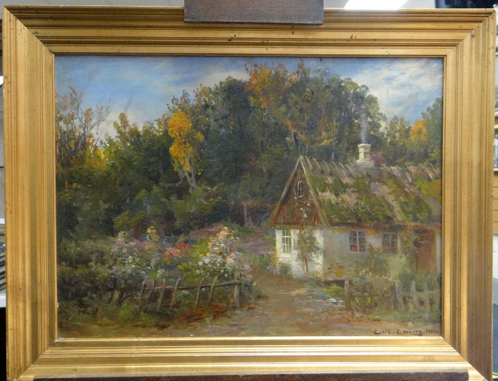 CARL CARLSEN (Danish 1855-1917) oil on canvas - Continental cottage, garden and woodland, signed, 37 - Image 2 of 3