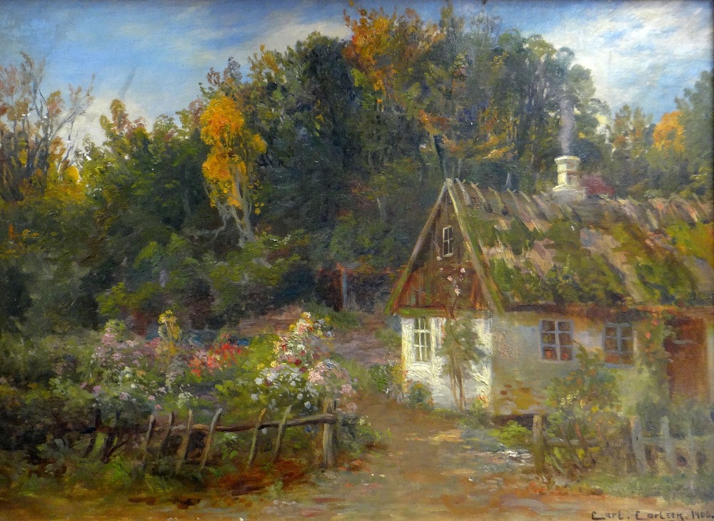 CARL CARLSEN (Danish 1855-1917) oil on canvas - Continental cottage, garden and woodland, signed, 37