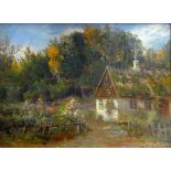 CARL CARLSEN (Danish 1855-1917) oil on canvas - Continental cottage, garden and woodland, signed, 37