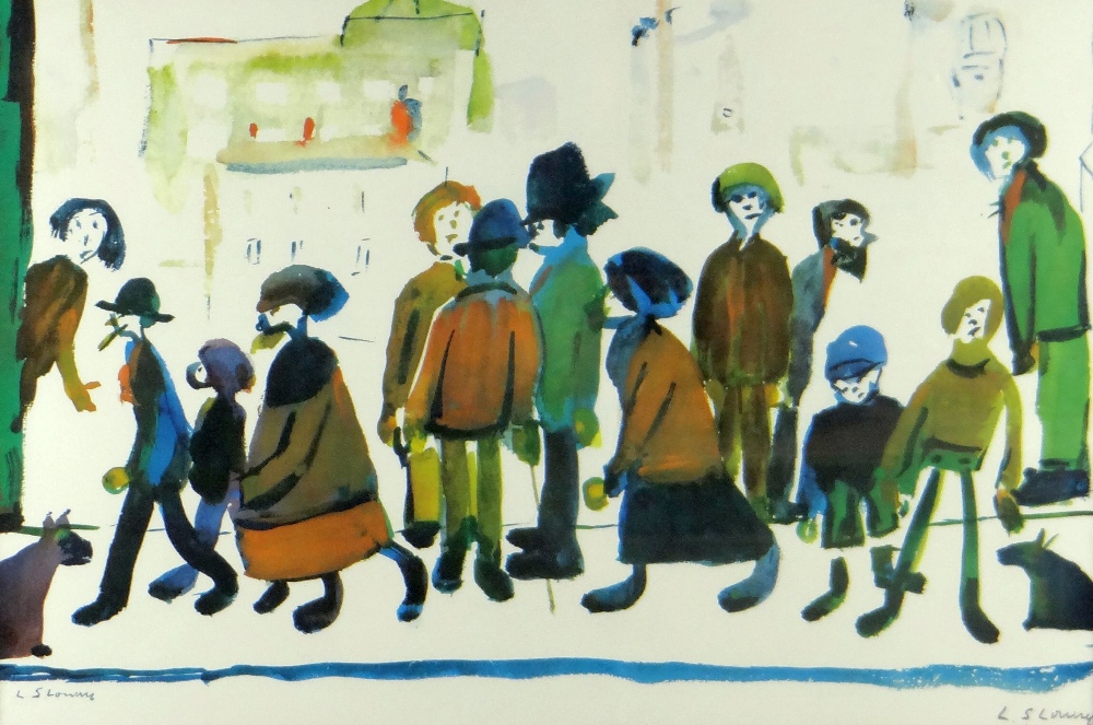 L S LOWRY coloured print - figures, entitled 'People Standing About', signed in pencil, blind-stamp,