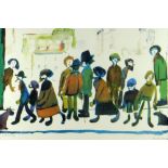 L S LOWRY coloured print - figures, entitled 'People Standing About', signed in pencil, blind-stamp,