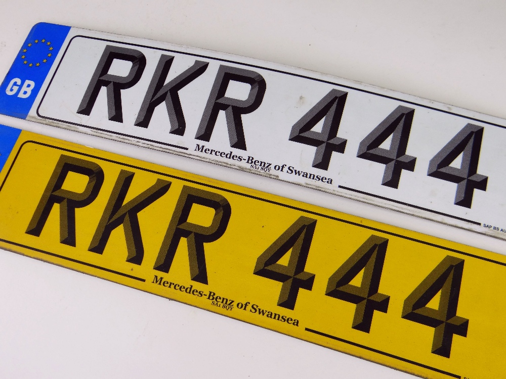 PAIR OF PERSONALISED CAR REGISTRATION PLATES, RKR 444, with retention certificate