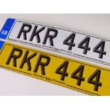 PAIR OF PERSONALISED CAR REGISTRATION PLATES, RKR 444, with retention certificate