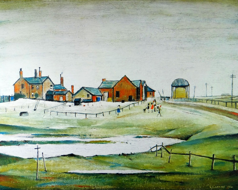 L S LOWRY limited edition of 850 - landscape with farm buildings, Guild stamped, signed in pencil,