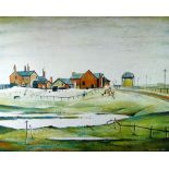 L S LOWRY limited edition of 850 - landscape with farm buildings, Guild stamped, signed in pencil,