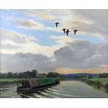 SIR PETER MARKHAM SCOTT (British 1909-1989) oil on canvas - figure steering narrow boat at