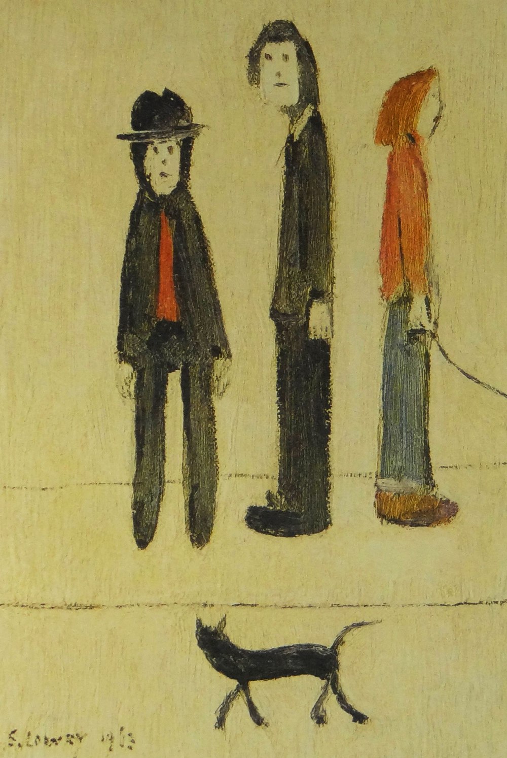 L S LOWRY limited edition of 850 - 'Three Men & a Cat', Guild stamped, signed in blue ink, 28 x 19