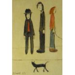 L S LOWRY limited edition of 850 - 'Three Men & a Cat', Guild stamped, signed in blue ink, 28 x 19