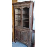 ANTIQUE OAK STANDING CORNER CUPBOARD with two door glazed top and cupboard base, 195cms tall,