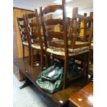 DARK OAK REFECTORY TABLE, 182 x 75cms six matching ladder back chairs together with a modern dark