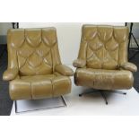 GOOD PAIR OF PADDED COFFEE BROWN LEATHER ARM CHAIRS in the Swedish style, circa 1970, on chrome