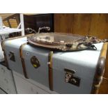 VINTAGE BANDED TRUNK (painted), together with an oval gilt wall mirror with candle sconce