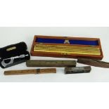 CASED SET OF NEGRETTI & ZAMBRA RULERS, three vintage spirit levels, wooden measure and a cased