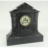 VICTORIAN SLATE CLOCK of architectural form with flanking caryatid to a circular dial bearing