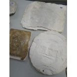 THREE VICTORIAN PLASTER PLAQUES, one of a female's head, the other a roundel with castle to the