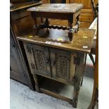 OAK CARVED TWO DRAWER POT-CUPBOARD, together with small carved oak stool