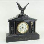 A VICTORIAN BLACK SLATE MANTEL CLOCK of classical architectural form with Emperor figures and