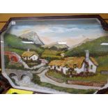 VINTAGE MAHOGANY FRAMED DIORAMA of mountains, cottages and mill wheel and stream, 58 x 89cms