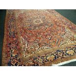 EXCELLENT LARGE PERSIAN WALL CARPET with intricate red ground and blue design, 405 x 285cms