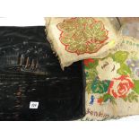 EARLY 20TH CENTURY BLACK VELVET CUSHION COVER painted with RMS Mauritania at sea during nighttime