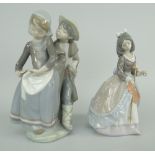 TWO LLADRO PORCELAIN MODELS a girl being teased by a boy in ladies hat and a girl with medieval