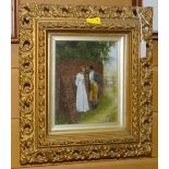19TH CENTURY BRITISH SCHOOL oil / gouache on panel - two figures against a wall with gentleman in