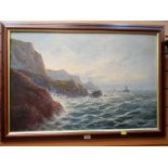 JOEL OWEN oil on canvas - rocky and squally coastal scene with boats and gulls, signed and dated