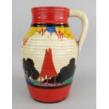CLARICE CLIFF POTTERY JUG in the Fantasque range 'Summerhouse’ the body of ribbed form and with