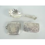 SILVER ENGRAVED SNUFF BOX (BIRMINGHAM 1899), caddy spoon (London 1903), vesta case (Birmingham 1903)