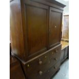 ANTIQUE PRESS CUPBOARD, two long, two short drawers, shelved interior, 190cms h x 121cms w