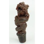 CARVED HARDWOOD KNOP OR STOPPER in the form of a snarling dragon, unmarked