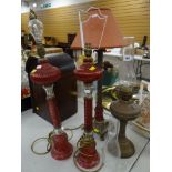 PAIR OF GLASS TABLE LAMPS / BRASS FOOTED TABLE LAMP / OIL LAMP (4)