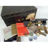 VINTAGE BLACK PAINTED DEED TIN CONTAINING MILITARY COLLECTABLES including the soldier's silver