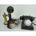 TWO VINTAGE BAKELITE / CELLULOID TELEPHONES, one being a two piece candlestick type, the other