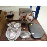 CONTINENTAL PORCELAIN DRESSING TABLE SET / LOSOL WARE TOILET JUG / WHITE METAL BOX / NEAT RETRO