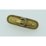 15CT GOLD SEED PEARL BUCKLE DESIGN BAR BROOCH, 7gms, in box