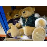 TWO HARRODS ANNUAL TEDDYBEARS & ANOTHER / SMALL PORCELAIN HEAD DOLL