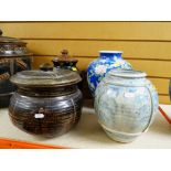 THREE STUDIO POTTERY STONEWARE VESSELS / FLORAL VASE