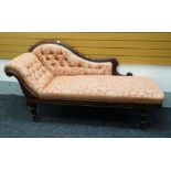 ANTIQUE CHAISE LONGUE with later buttoned floral upholstery
