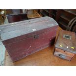 DOME STAINED PINE TRUNK / VINTAGE WOODEN CASH REGISTER (2)