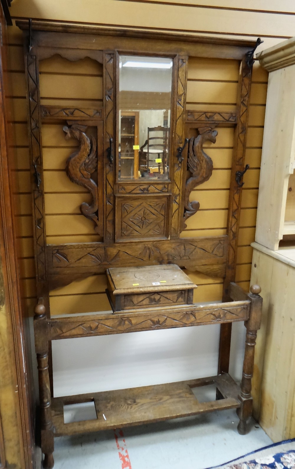 A VINTAGE CARVED MIRROR BACK HALL STAND