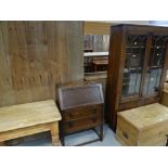 PINE KITCHEN TABLE / VINTAGE BUREAU / VINTAGE TWO DOOR GLAZED BOOKCASE WITH CUPBOARD BASE (3)