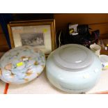 ASSORTED ITEMS including vintage glass ceiling shades, topographical prints, Canon Eos camera ETC