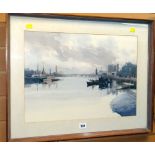 GORDON HALES watercolour - river scene with bridge, buildings and moored vessels, signed and dated