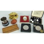 ASSORTED COLLECTABLES to include boxed concertina type dice shaker, bar brooch, carved coquilla nut,
