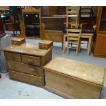 VINTAGE PINE CHEST having iron side-handles, 51cms h x 93cms w / vintage dressing table (2)