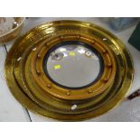 GOOD LARGE CIRCULAR ISLAMIC BRASS TRAY / SMALLER SIMILAR / CONCAVE GILT FRAME MIRROR (3)